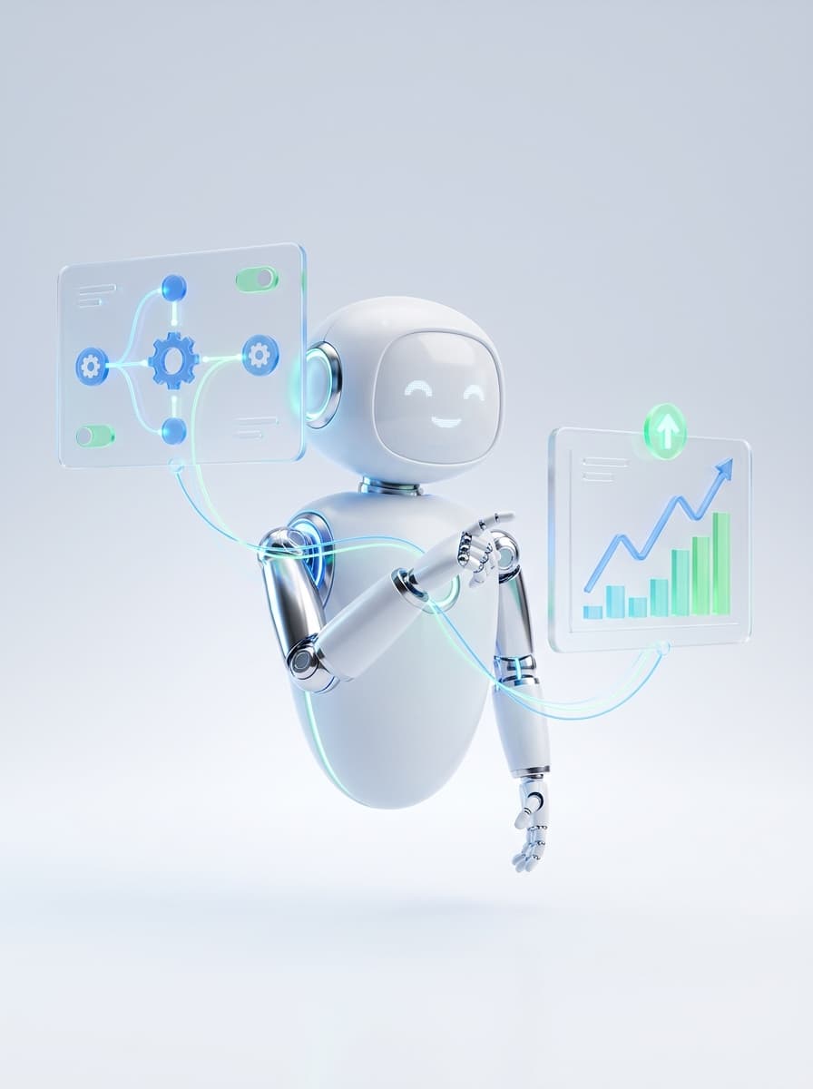 An AI assistant orchestrating an automation workflow and a rising revenue chart, Argent Digital automates marketing to grow revenue