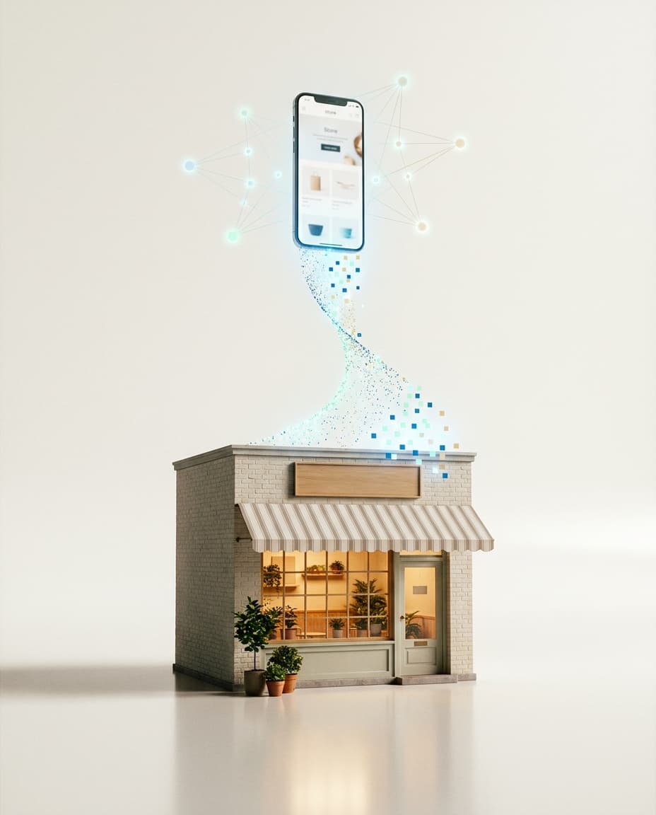 A small storefront linked to a smartphone by streams of data, Argent Digital's automation engine unifying disjointed back-office tools into one system.
