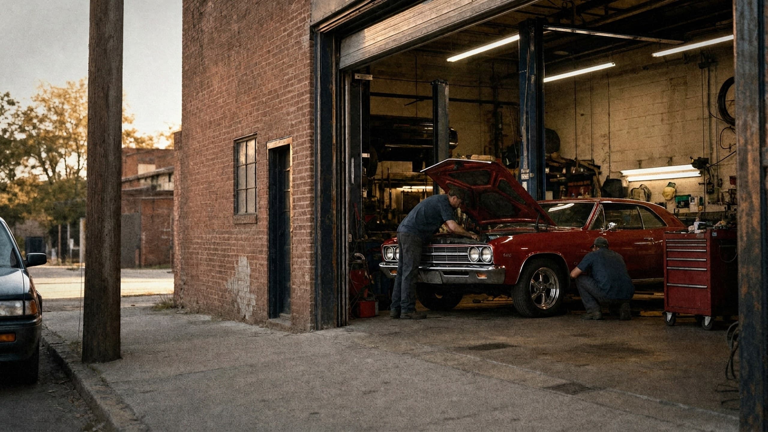 A classic-car repair shop — mechanics working on a vintage car in the garage bay