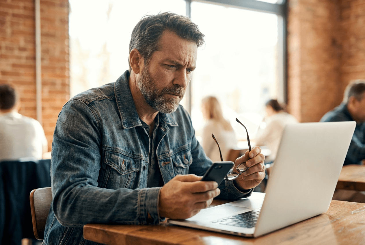 A small business owner comparing answers across a laptop and a phone in a cafe.
