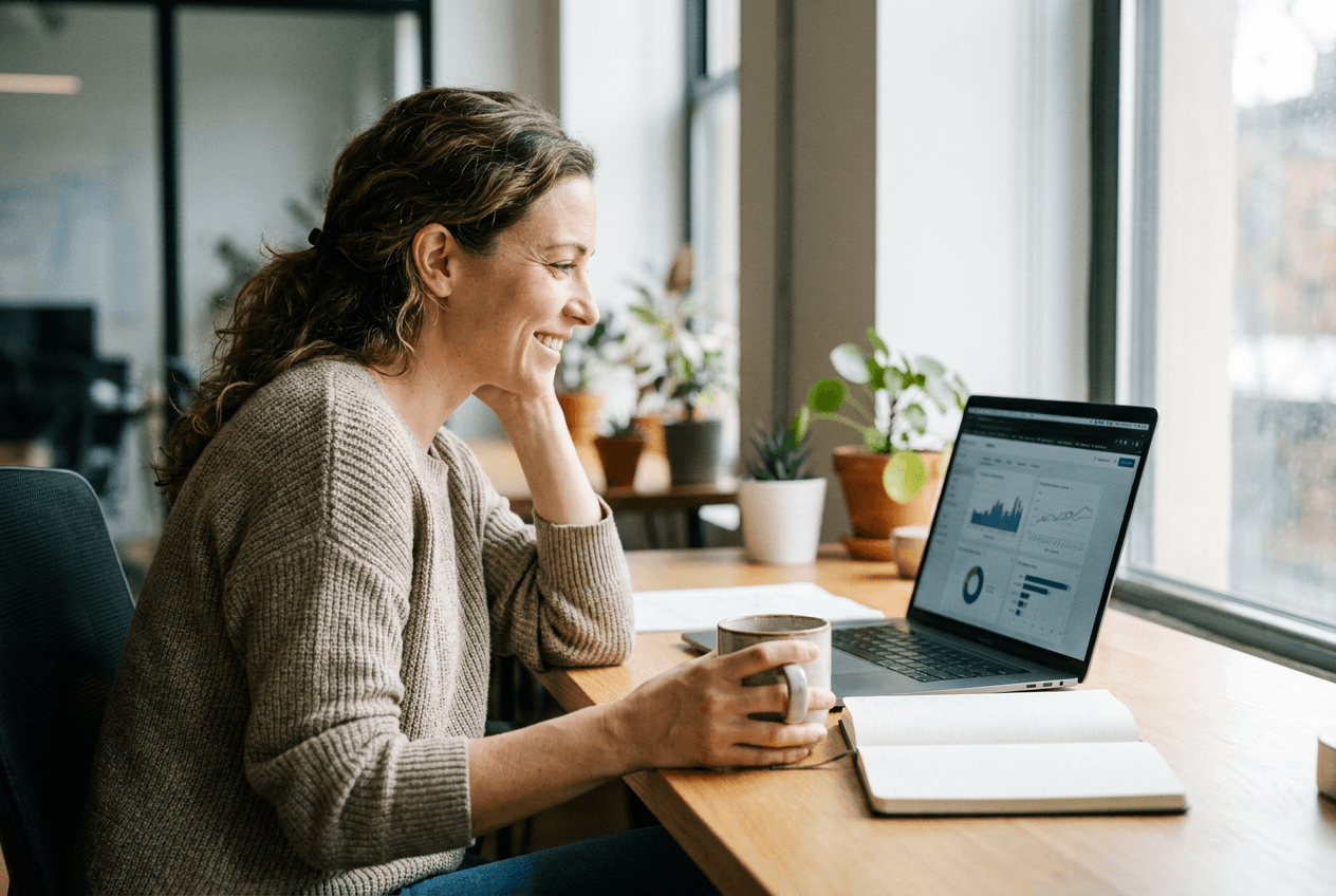 A small business owner reviewing analytics charts on a laptop in a bright office.