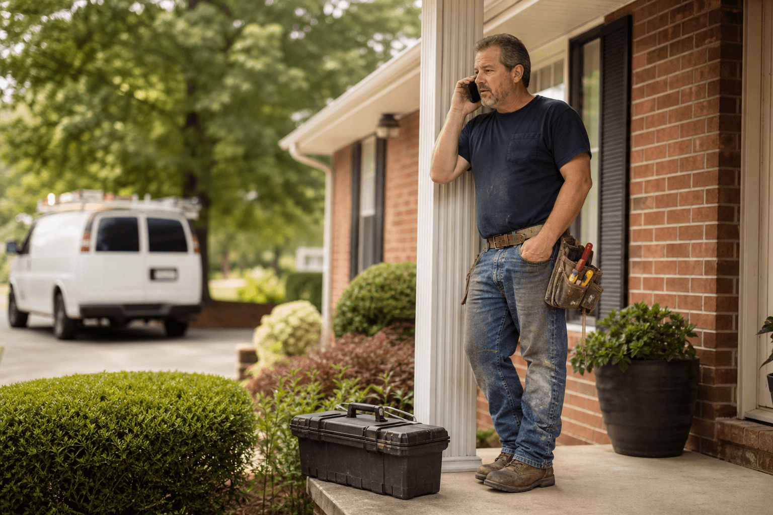 Electrician taking a customer call on the porch of a brick Tennessee home, toolbox at his feet