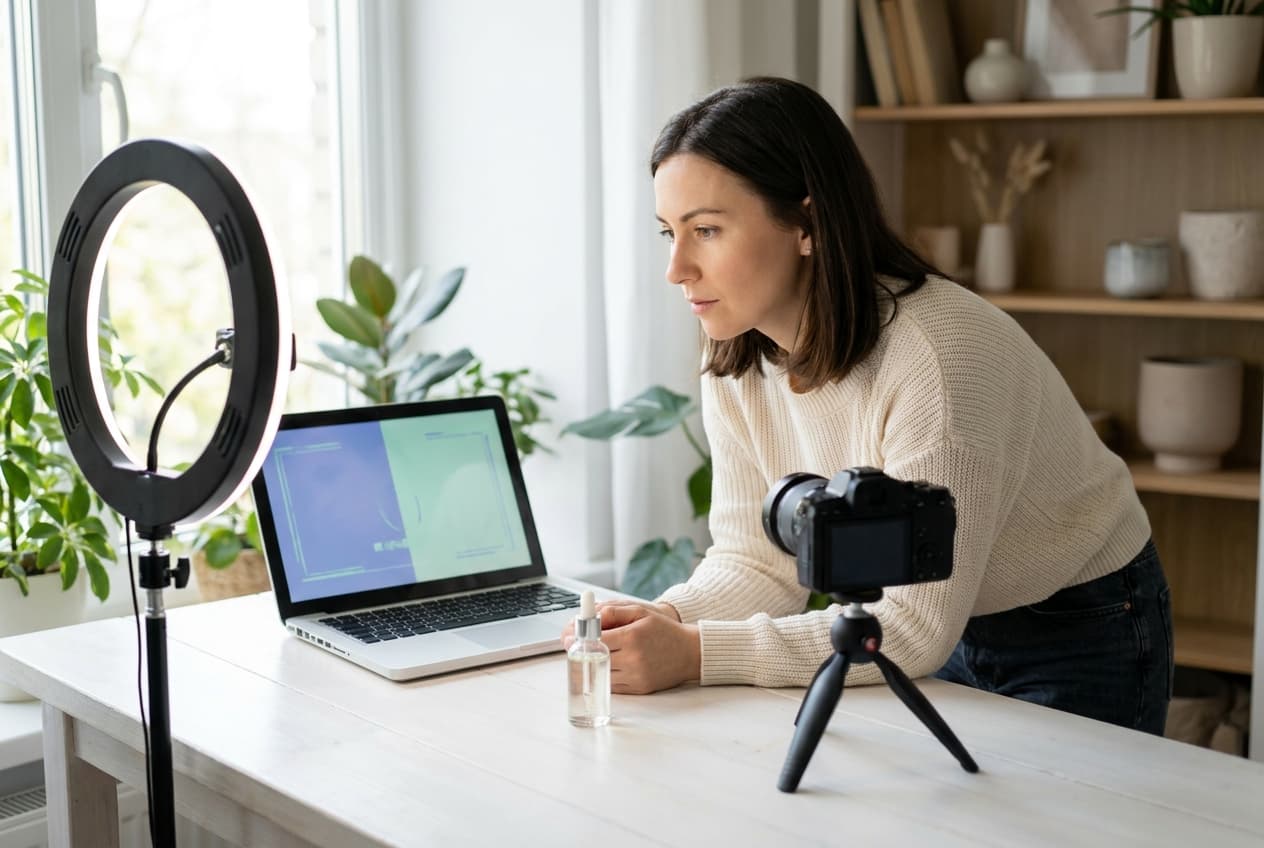 A small-business owner creating content at a tidy home studio with a laptop, ring light, and camera.
