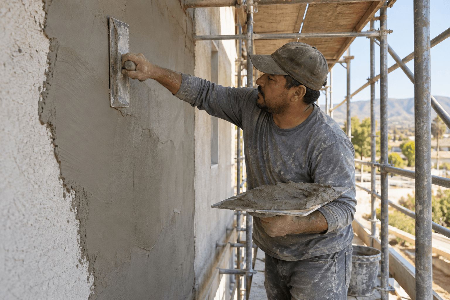 Plasterer troweling a fresh coat of stucco onto an exterior wall