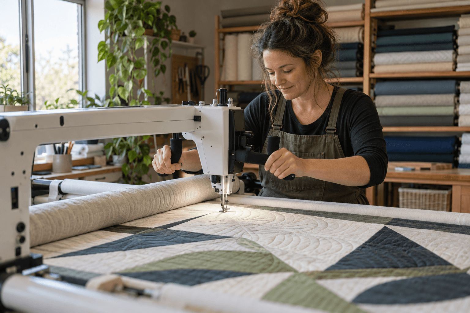 Quilter guiding a quilt under the needle of a longarm machine
