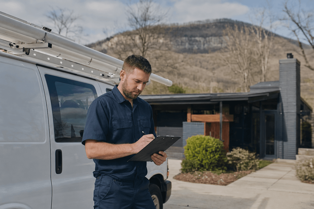 A contractor in a branded work shirt stands beside his service van in a Chattanooga driveway, checking a clipboard before a job, with Lookout Mountain visible in the distance.