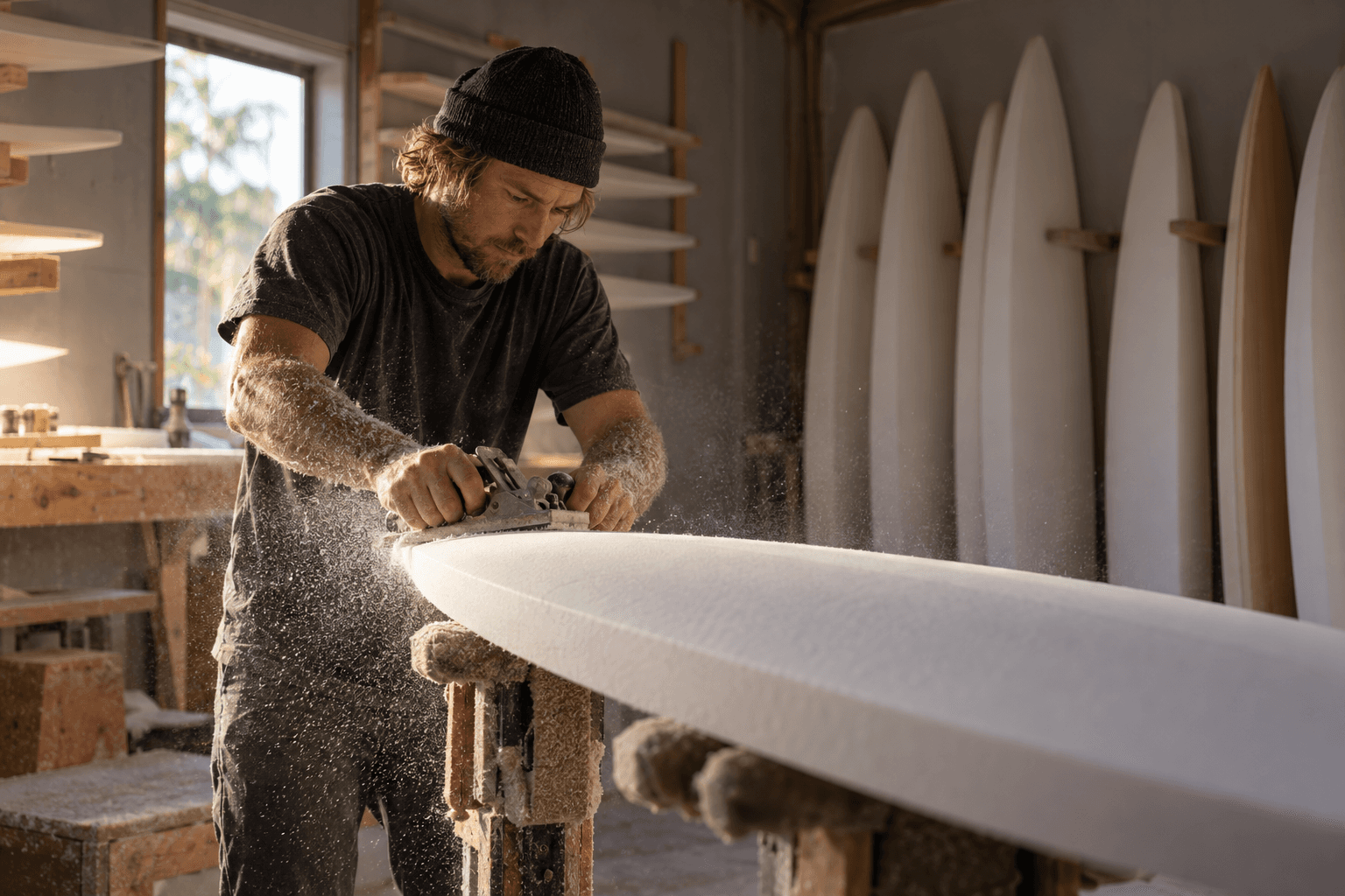 Surfboard shaper planing the rail of a foam blank in his shaping bay