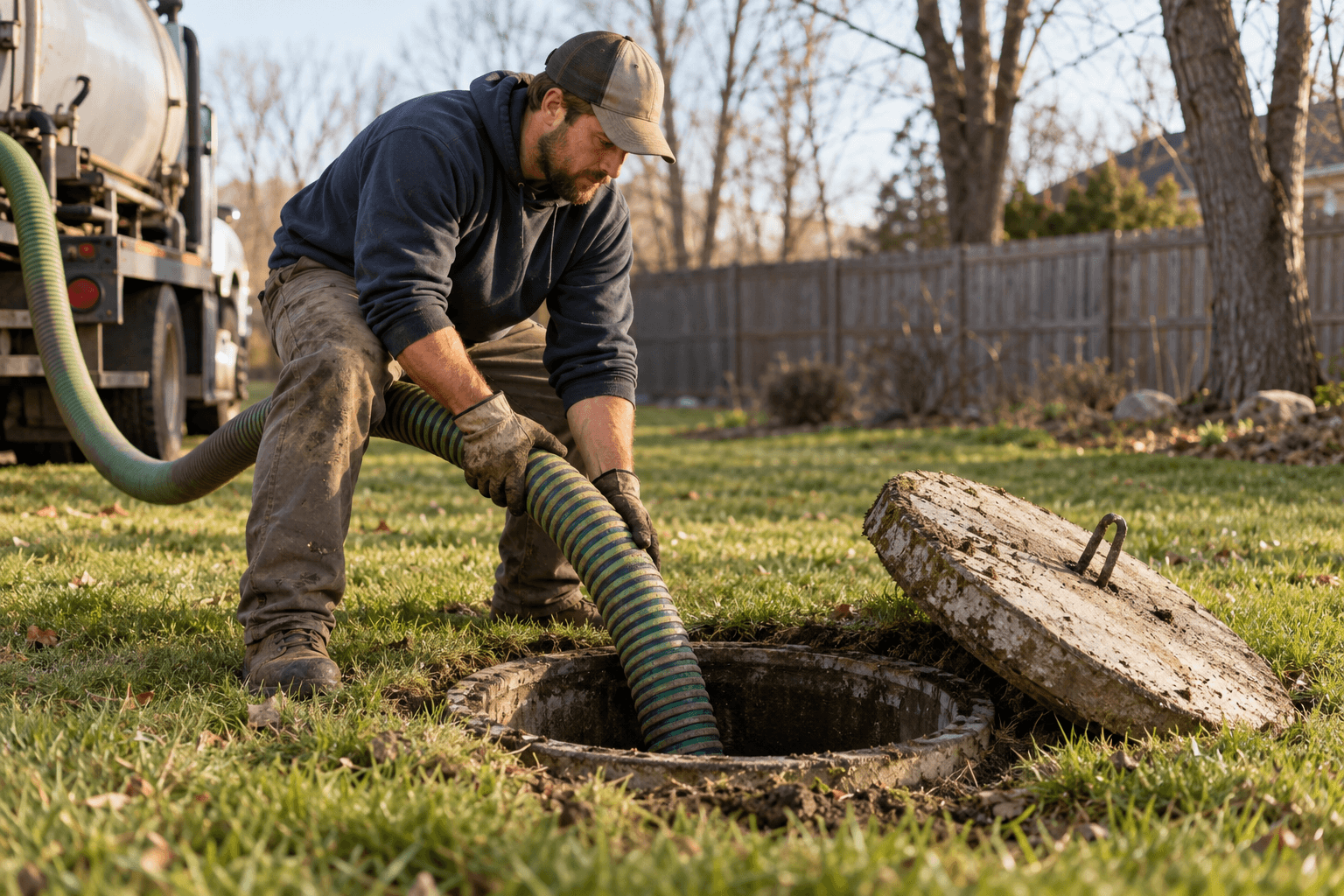 Septic technician feeding a suction hose into an open tank lid in a yard