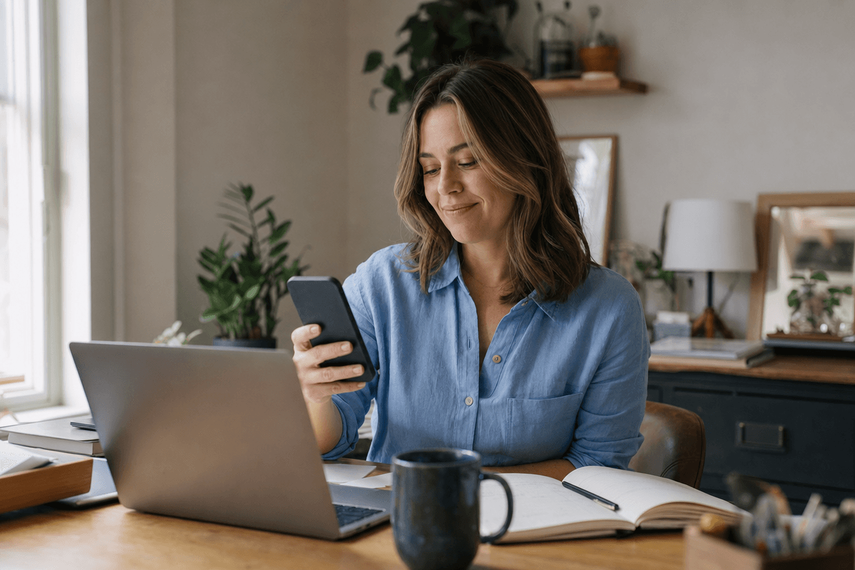A small business owner at a cluttered desk checking a phone notification while sitting in front of a laptop in a bright home office.