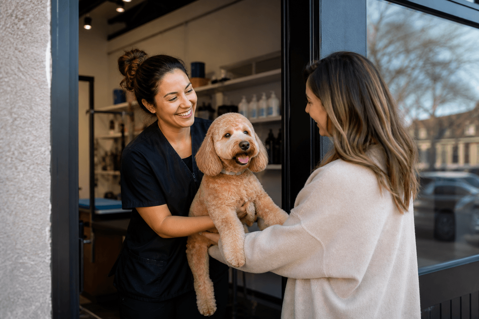 Groomer returning a freshly groomed dog to its happy owner