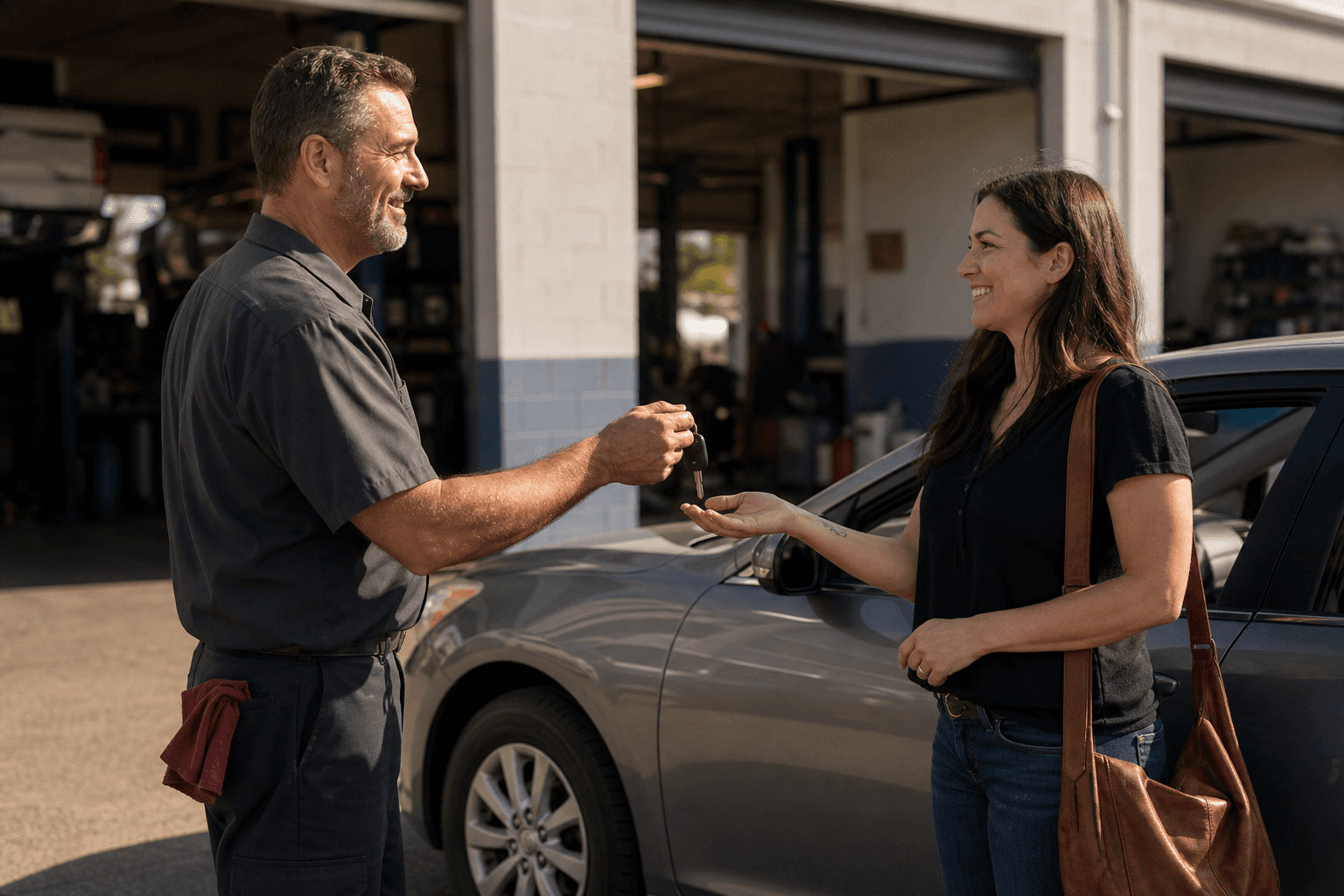 Mechanic handing keys back to a customer outside the garage