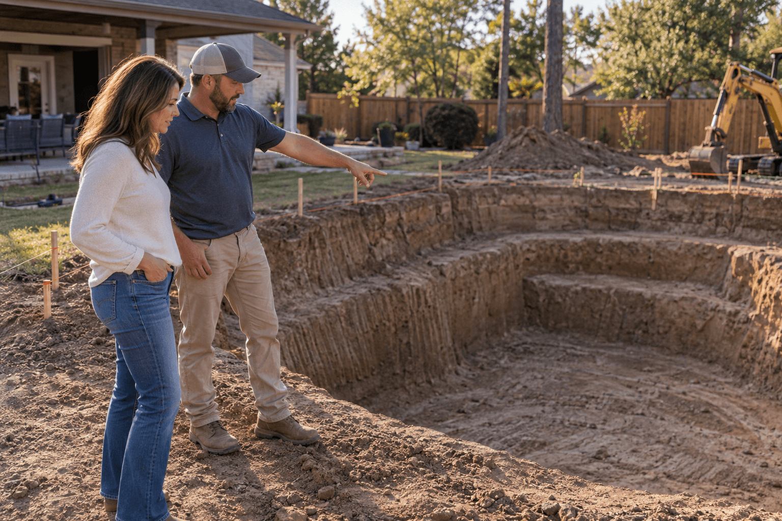Pool builder walking a homeowner around a new pool excavation