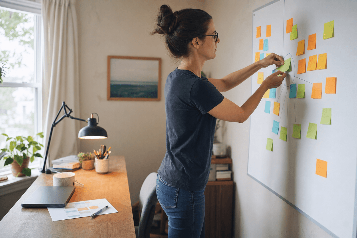 A small business owner stands at a whiteboard covered in sticky notes, organizing groups of topic clusters in a bright home office.