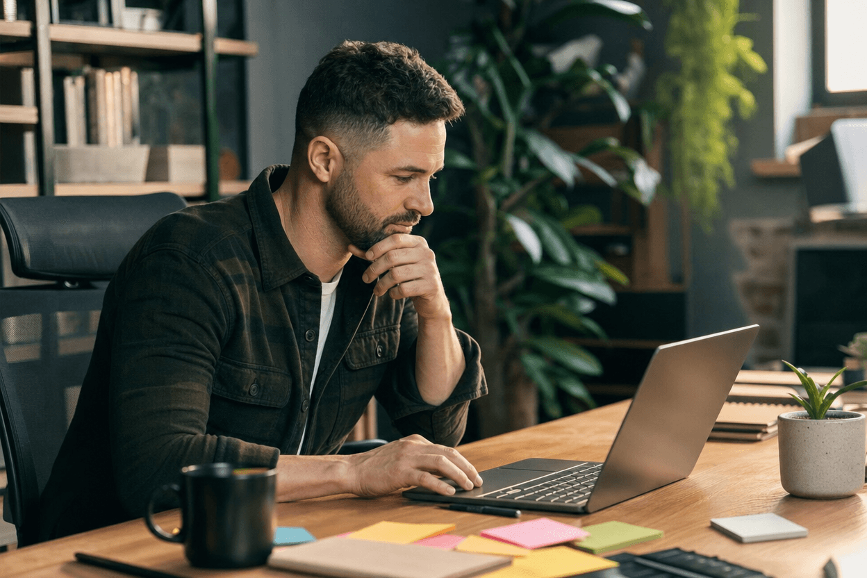 A small business owner sits at a desk reviewing a CRM dashboard on a laptop, with sticky notes and a notebook nearby.