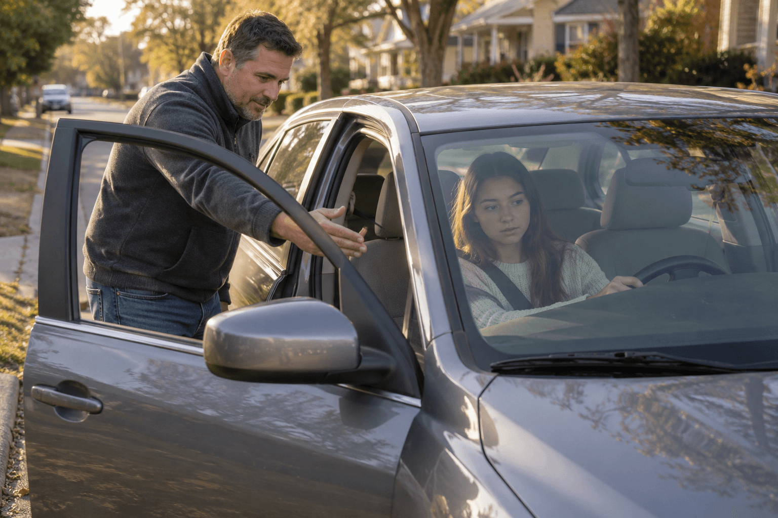 Driving instructor coaching a student at the door of a plain sedan