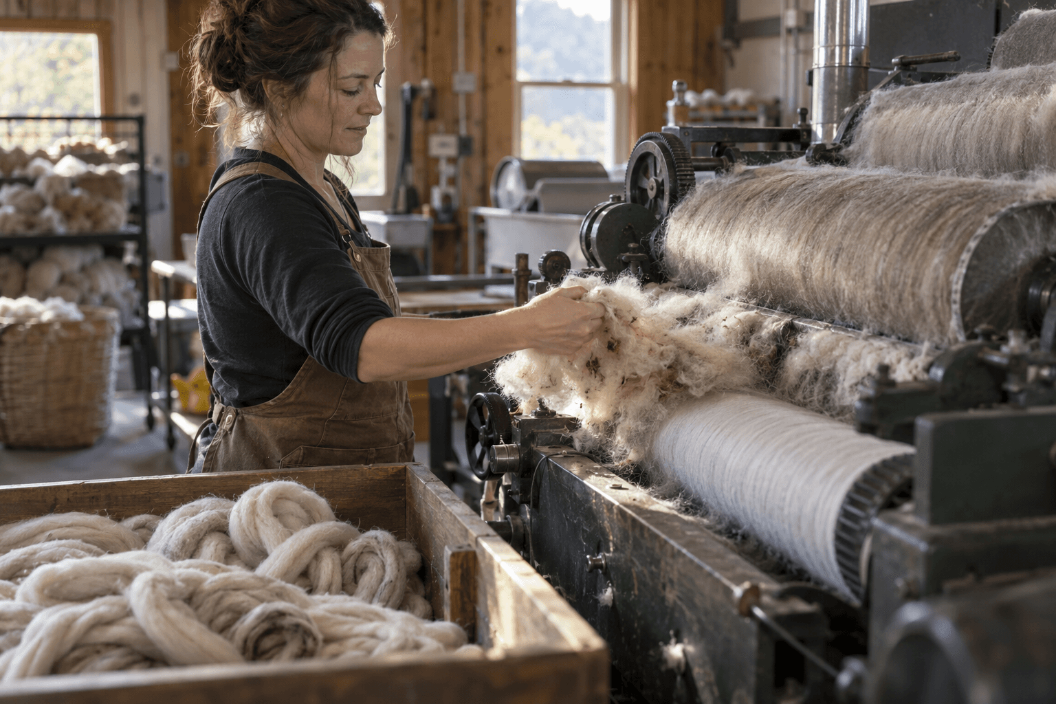 Wool mill operator feeding fleece into a carding machine