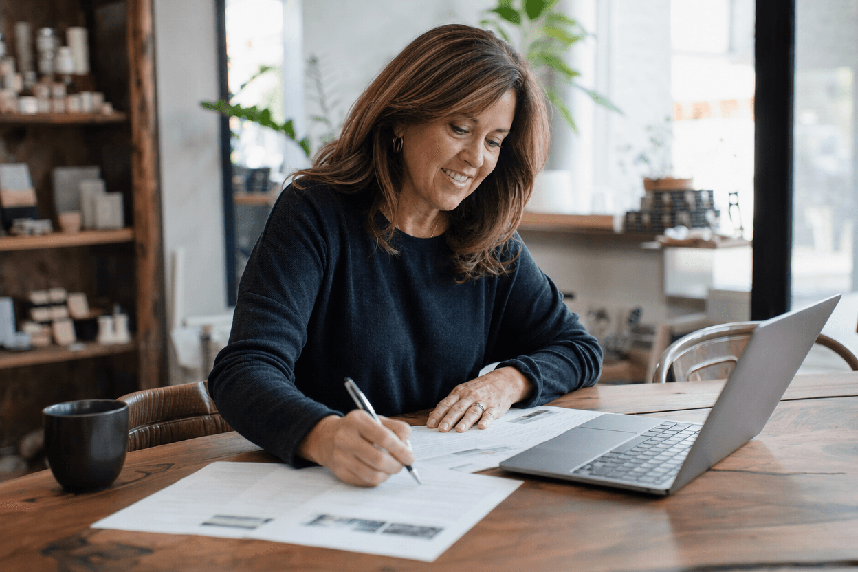 A small business owner sits at a cluttered desk in their shop, reviewing printed website pages and making notes while a laptop displays a search results page nearby.