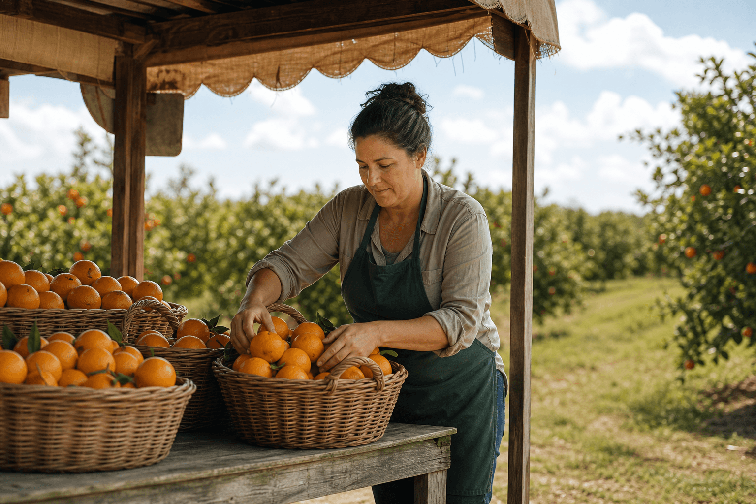 Citrus-stand owner arranging oranges at her roadside stand