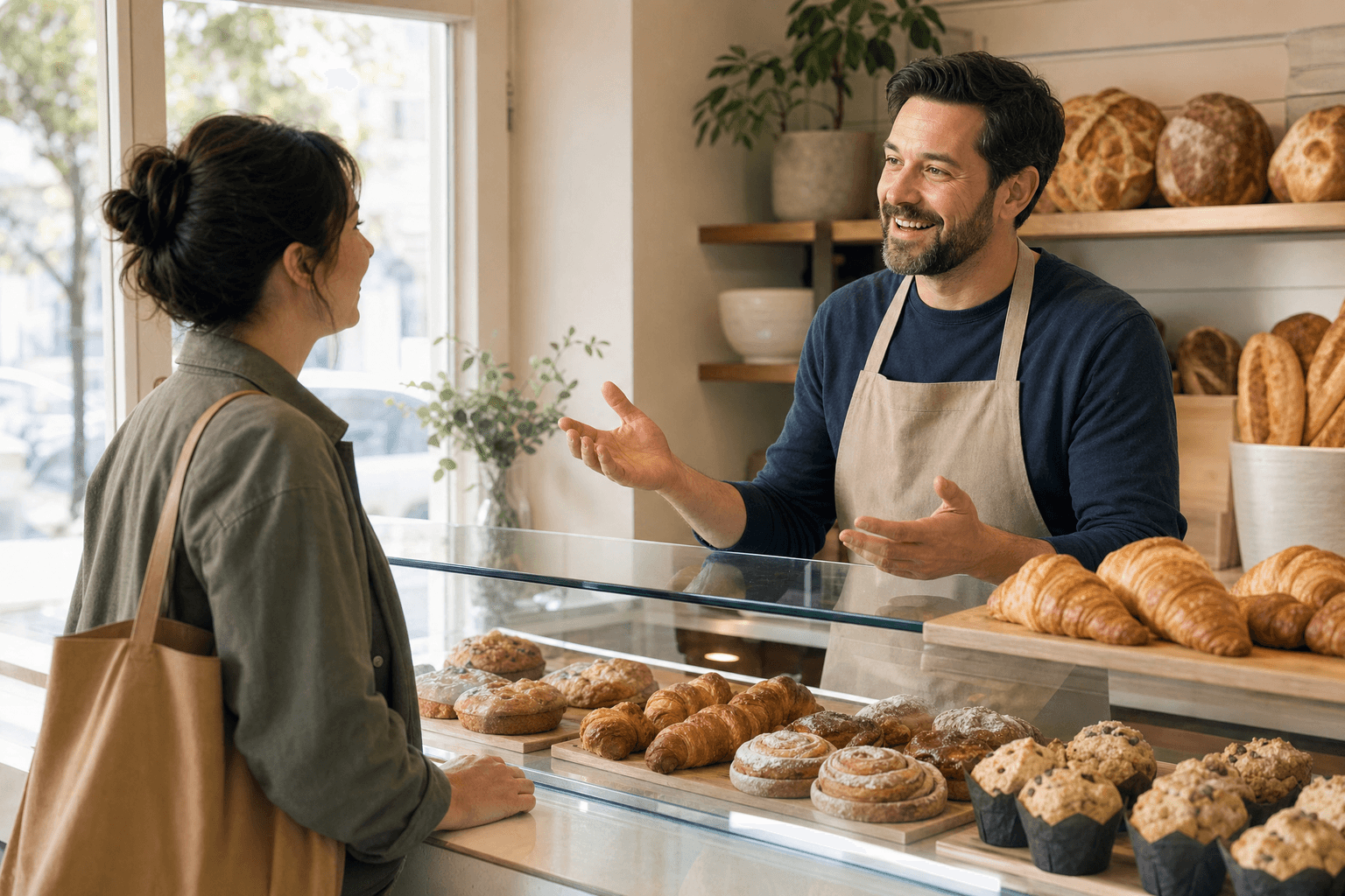 Bakery owner talking with a customer across the pastry case