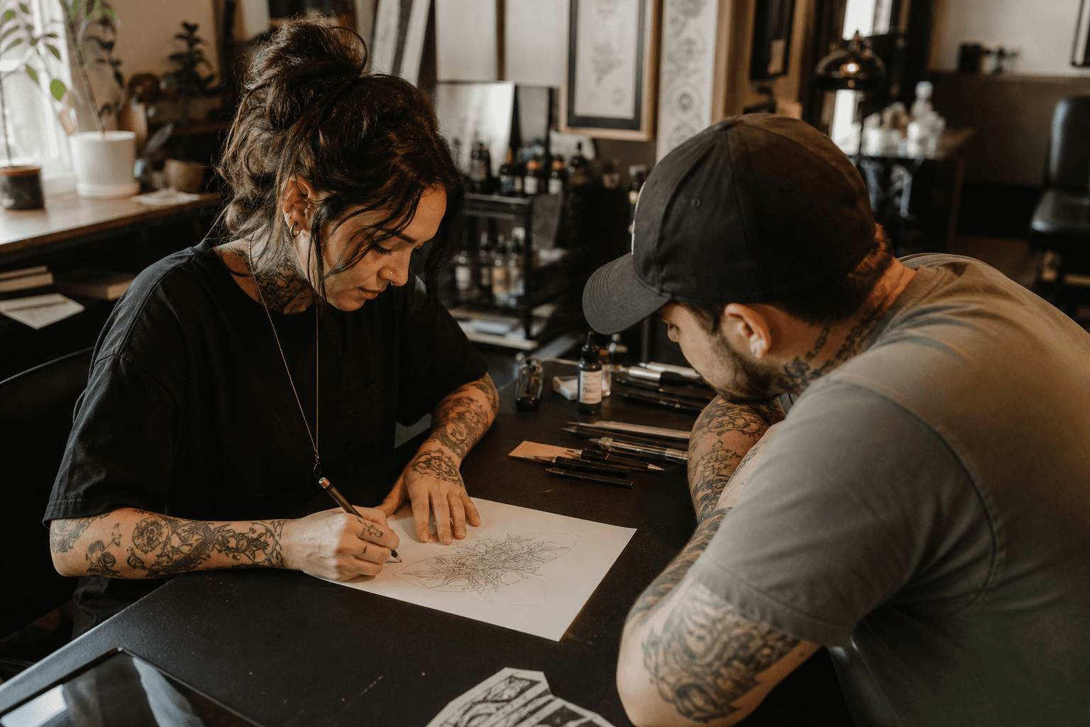Tattoo artist sketching a design with a client at the counter