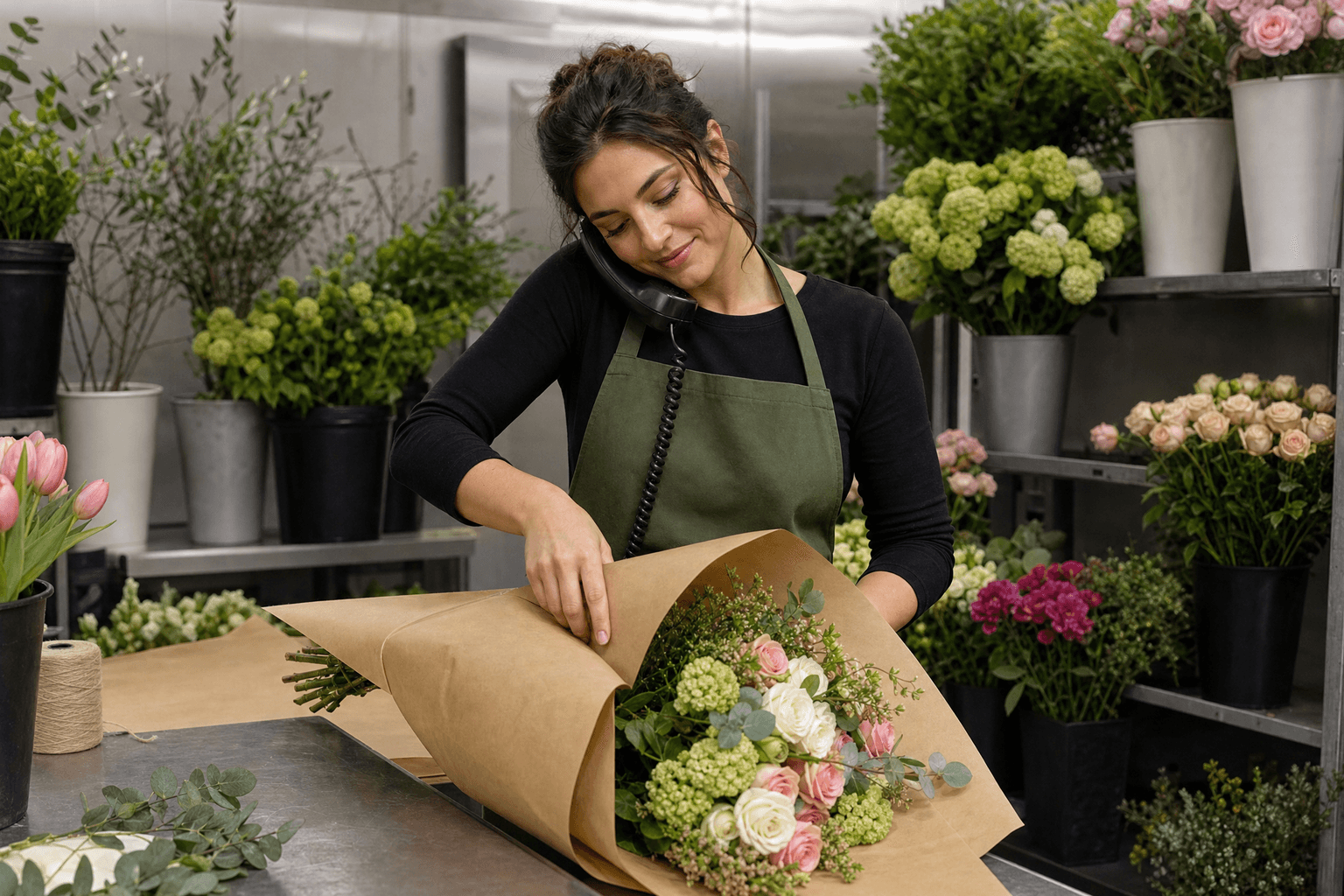 Florist taking a phone order while wrapping a bouquet
