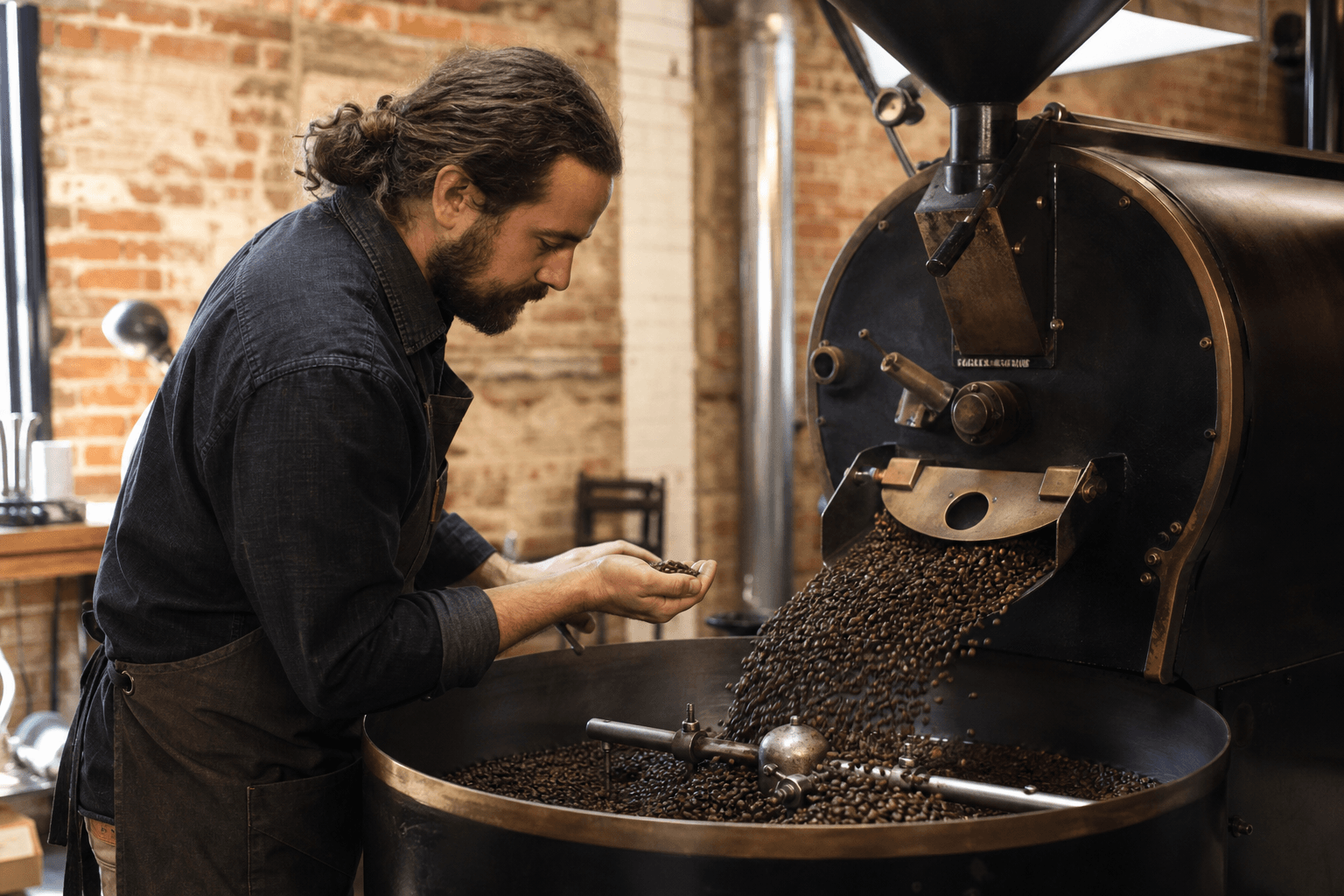 Roaster checking fresh beans at a small drum roaster