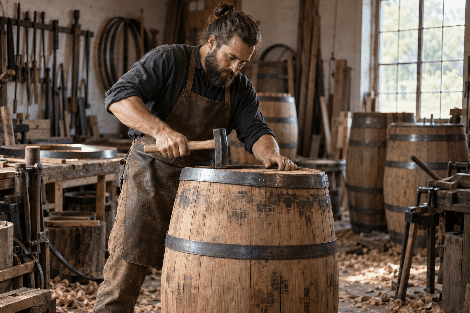 Cooper hammering a hoop onto an oak barrel