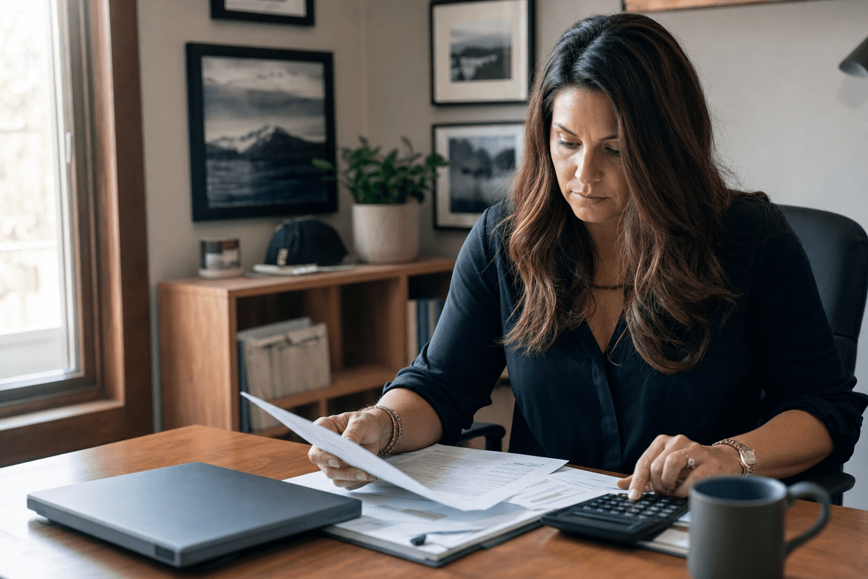 A small business owner reviewing financial documents and using a calculator at a desk in a sunlit office.