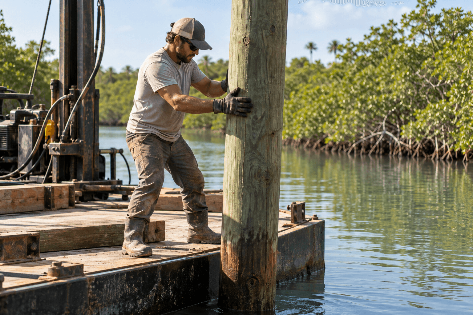 Dock builder guiding a piling into place from a work barge on a Florida waterway