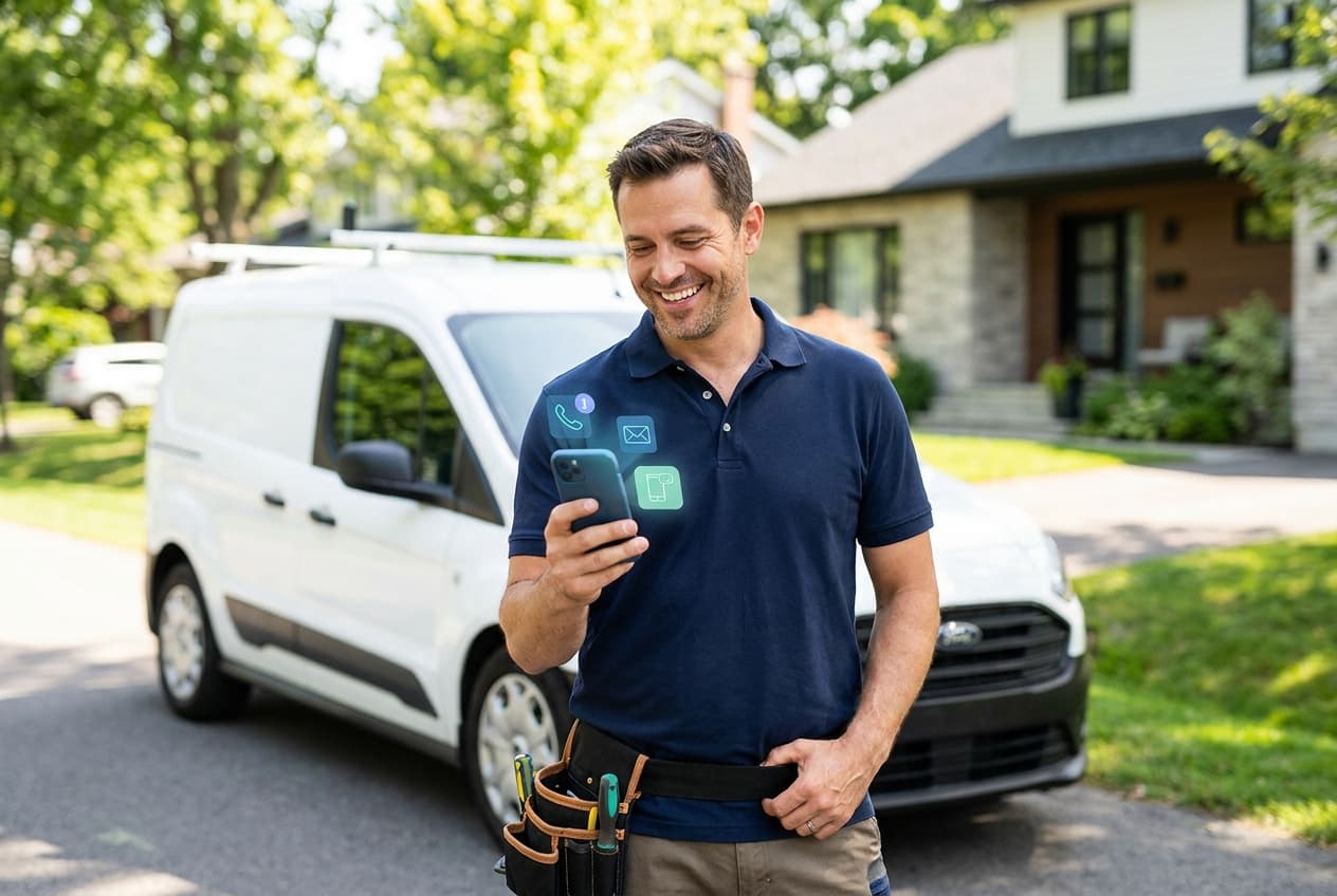 A home-services business owner by his work van, smiling at a new-customer lead notification on his phone.