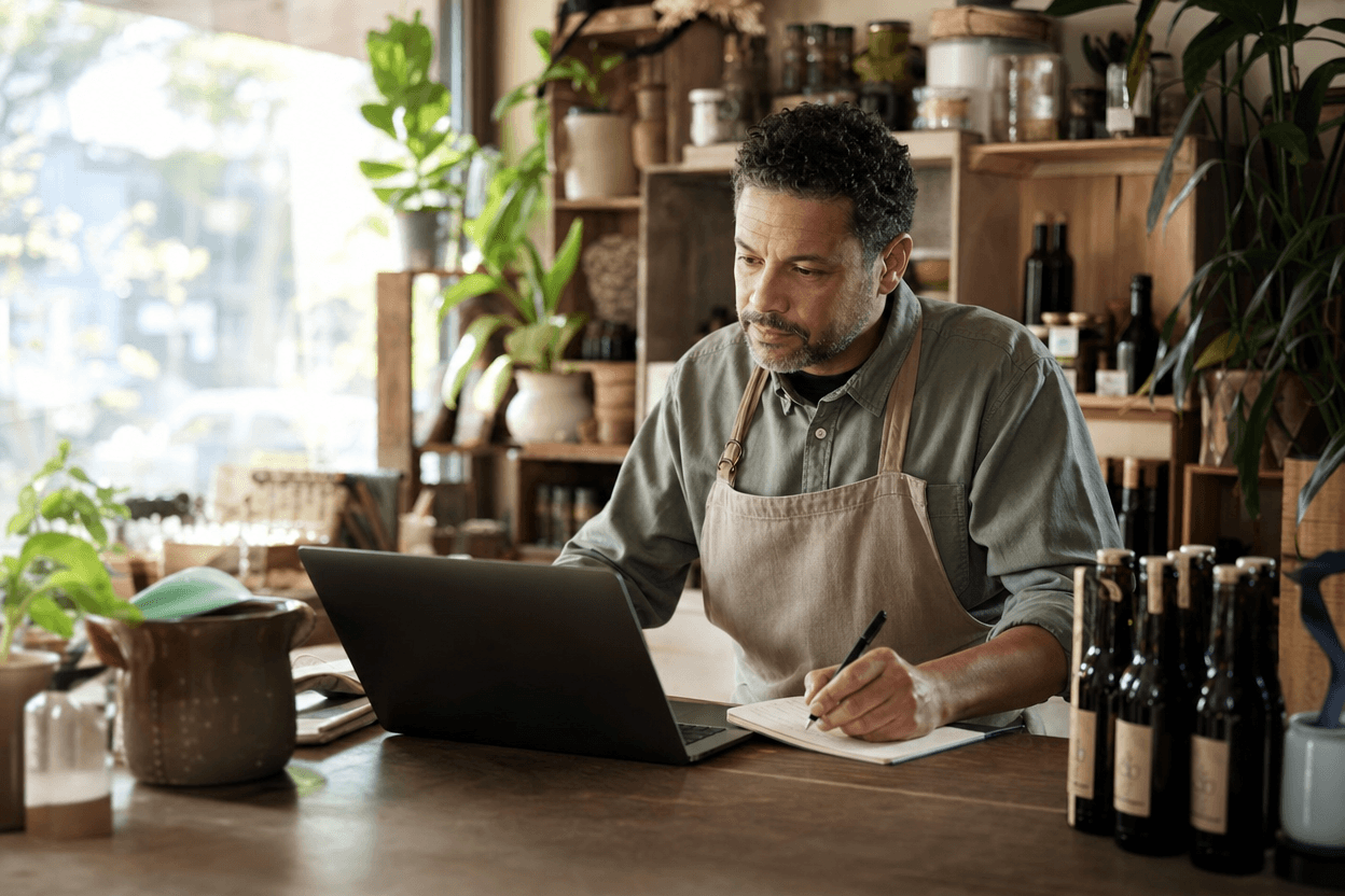 A small business owner sits at a cluttered desk reviewing printed sales reports and a calculator, a laptop with a blurred screen open beside a coffee cup.