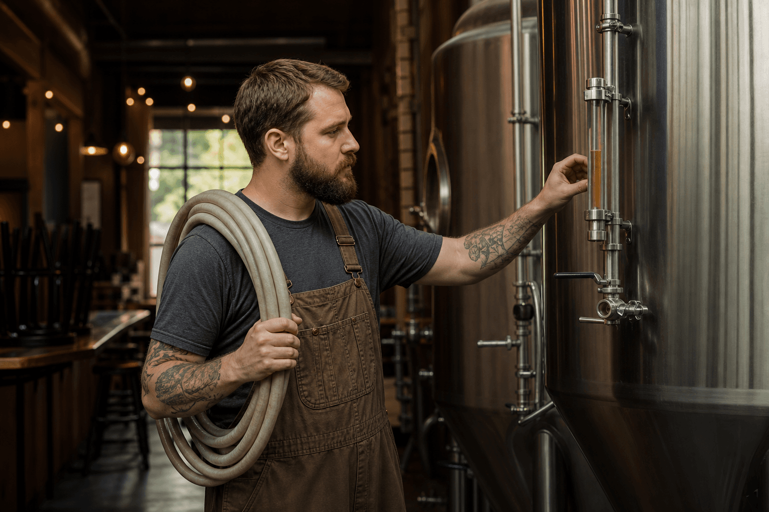 Brewer checking a fermenter tank in a small brewery