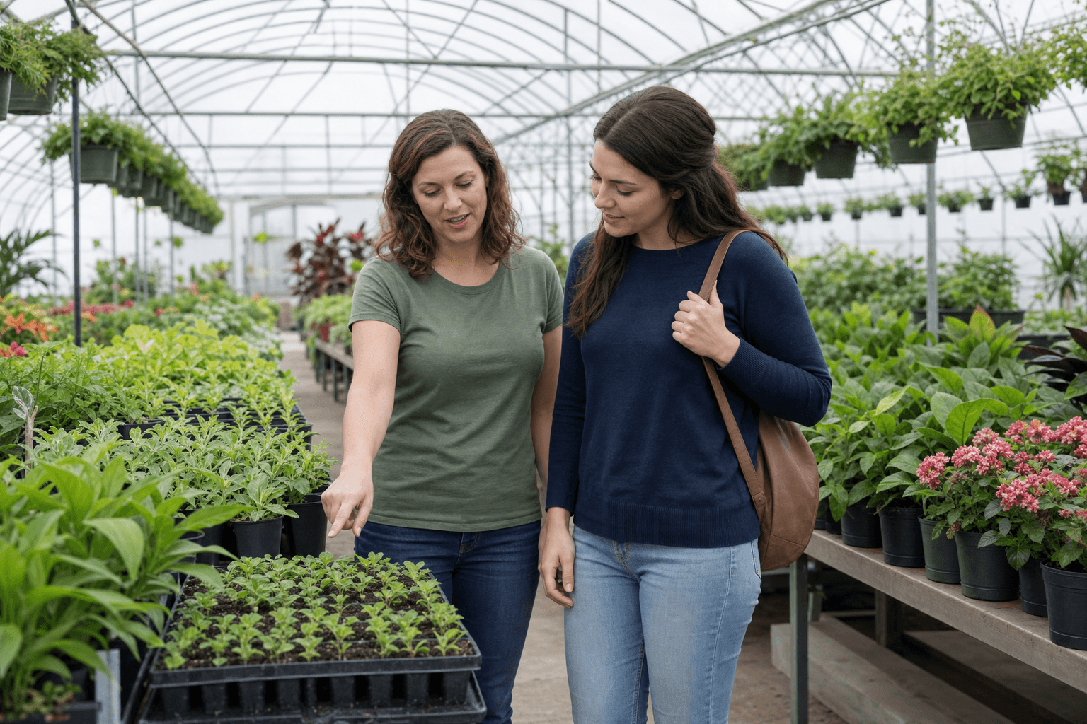 Nursery owner guiding a customer through a greenhouse
