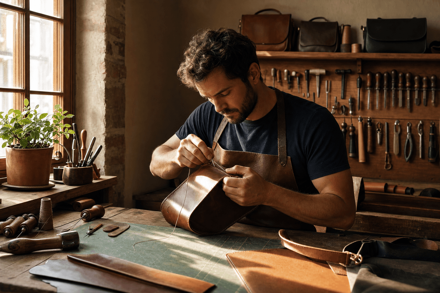 Leather worker stitching a bag at his workbench