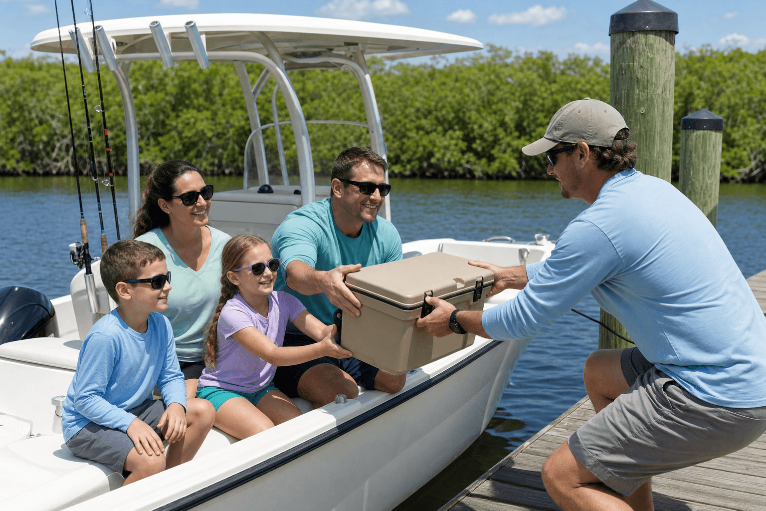 Charter guide helping a family board his boat at a Florida dock