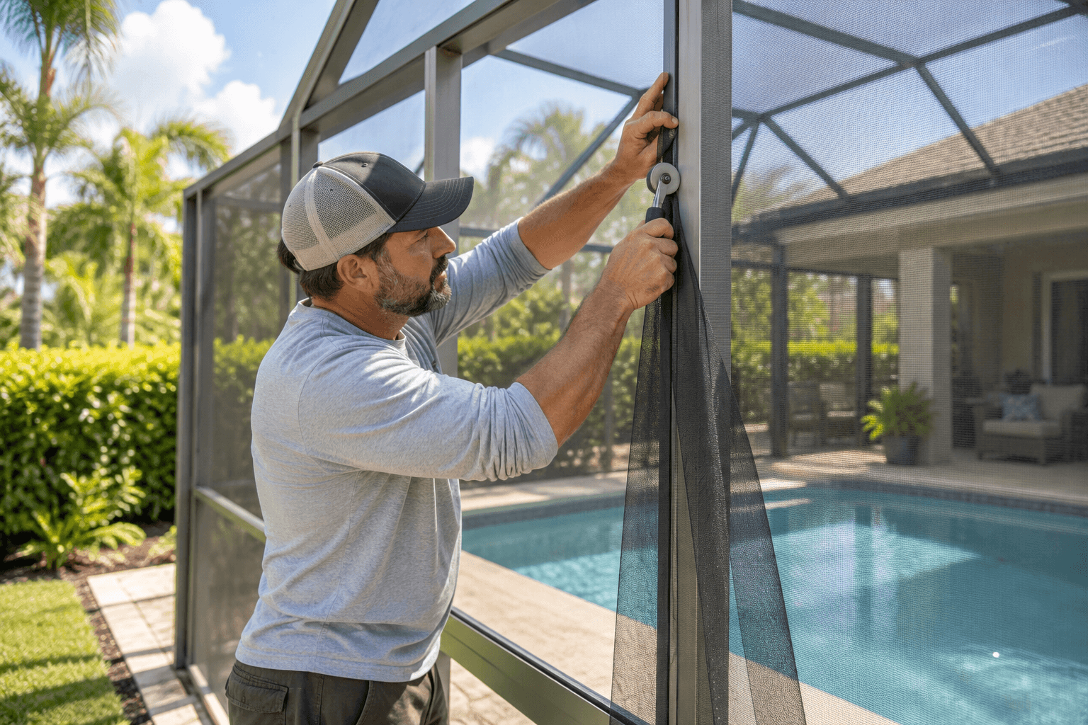 Installer stretching new screening into the aluminum frame of a Florida pool cage