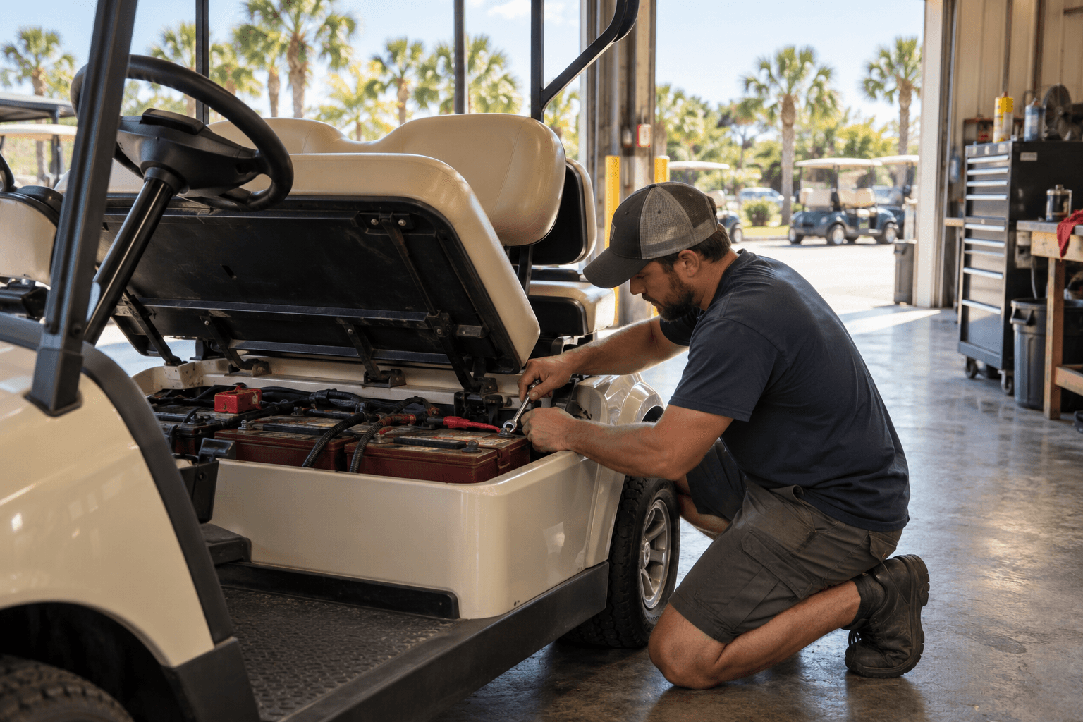 Technician checking the batteries of a golf cart in an open-air Florida shop