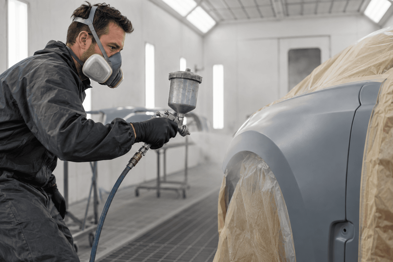 Auto-body painter spraying primer on a fender