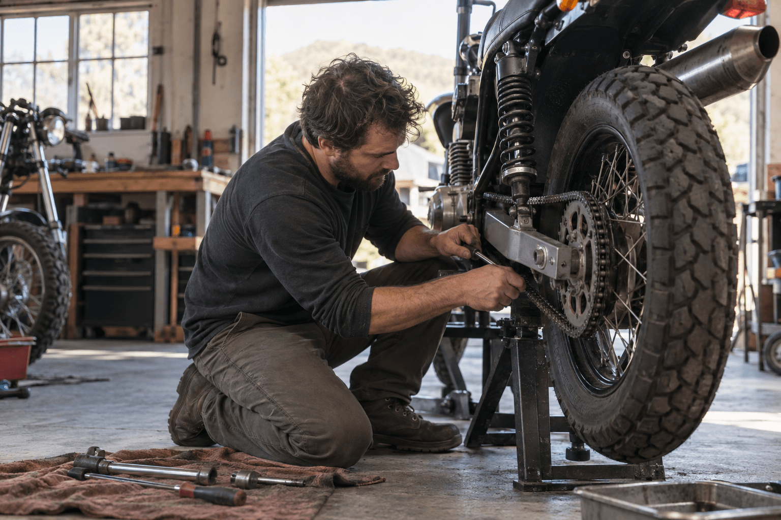 Motorcycle mechanic adjusting a chain in a small garage