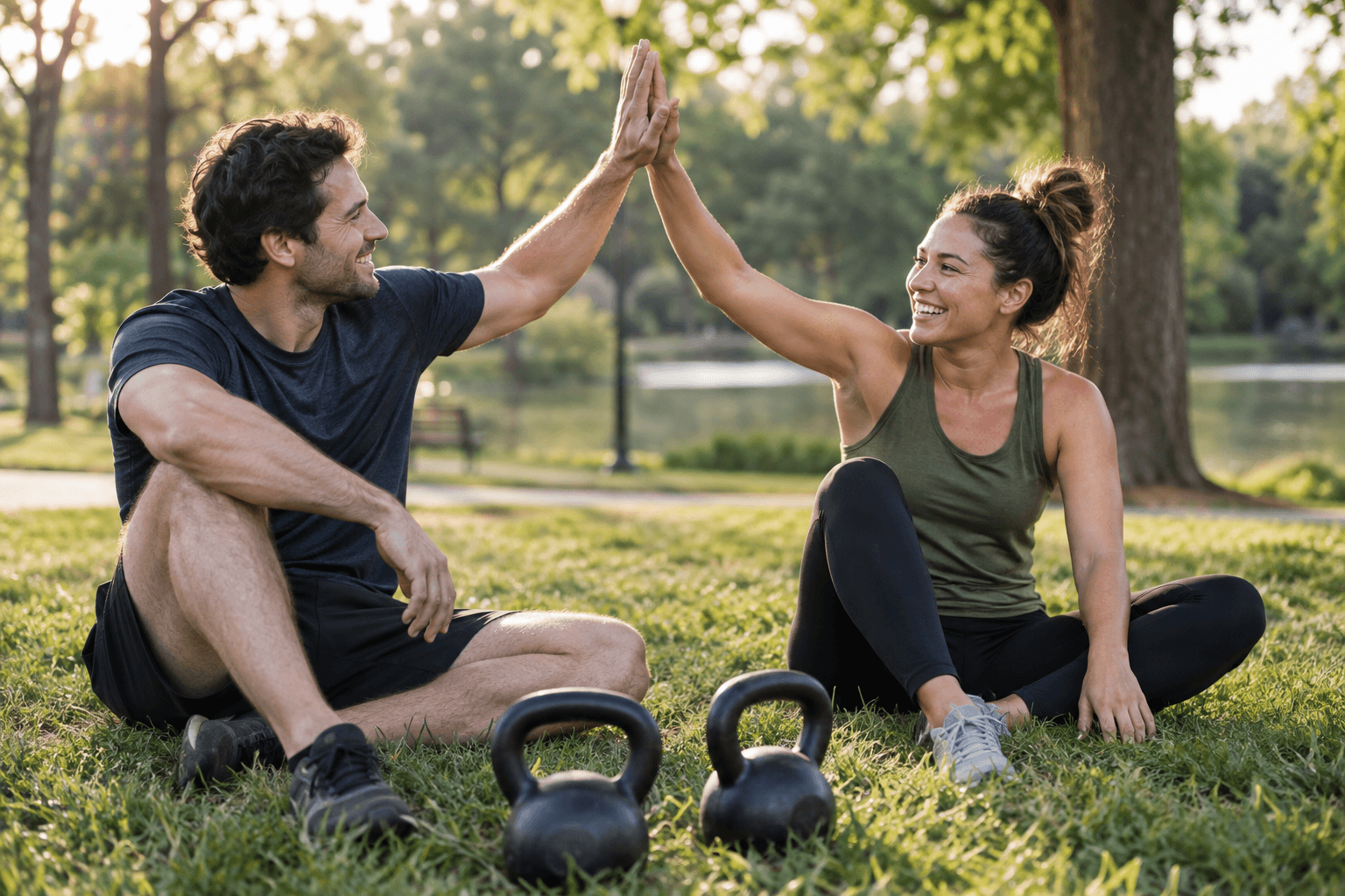 Personal trainer high-fiving a client after a park workout