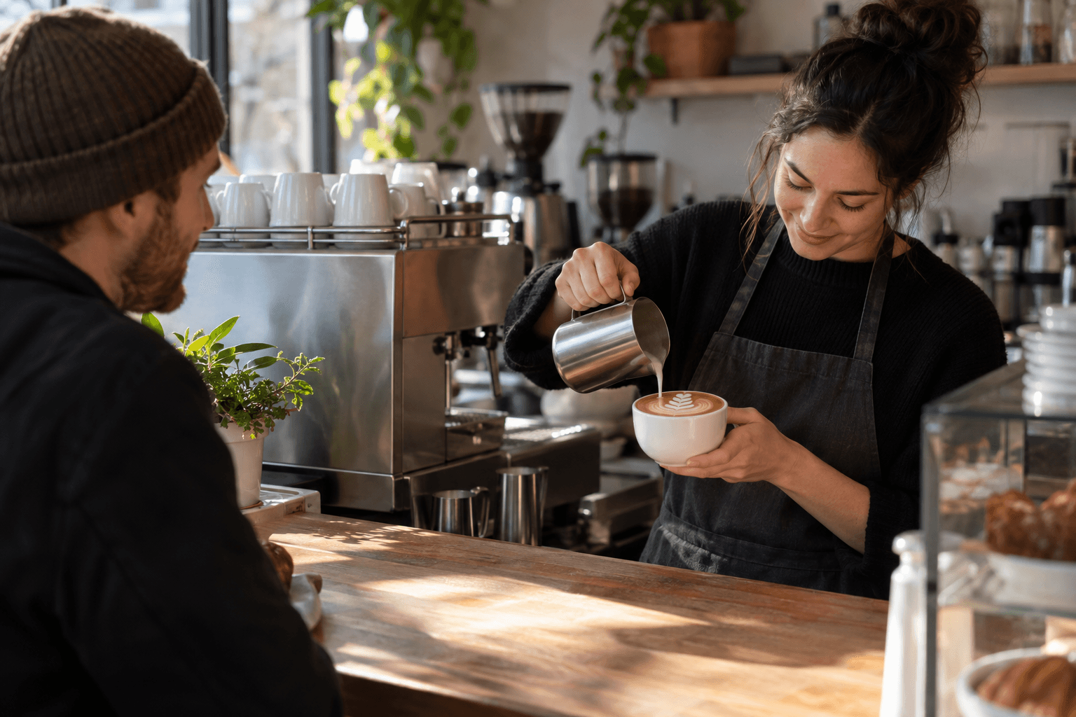 Barista pouring latte art for a regular customer