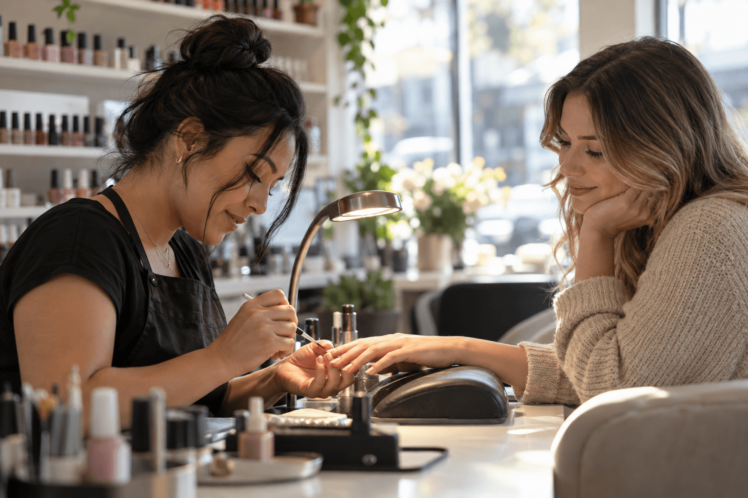 Nail technician finishing a client's manicure at her salon station