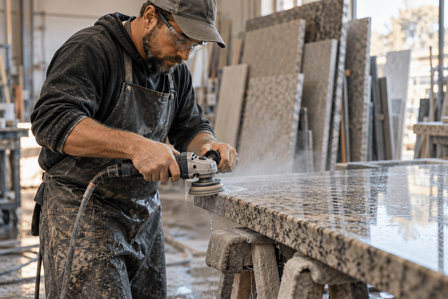 Fabricator polishing the eased edge of a granite countertop slab in his shop