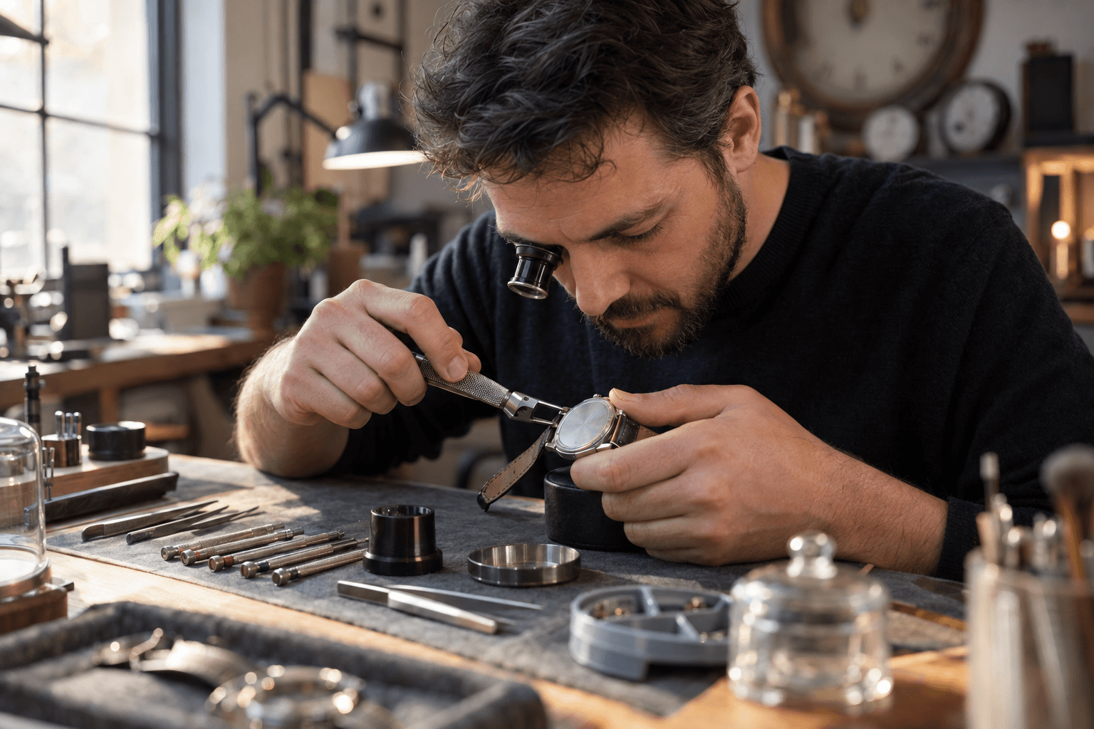 Watchmaker opening a wristwatch at his repair bench