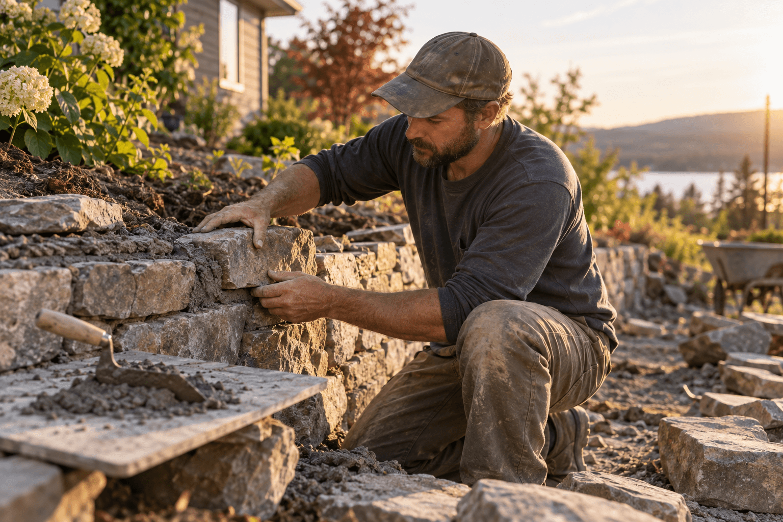 Stonemason setting a stone in a garden wall