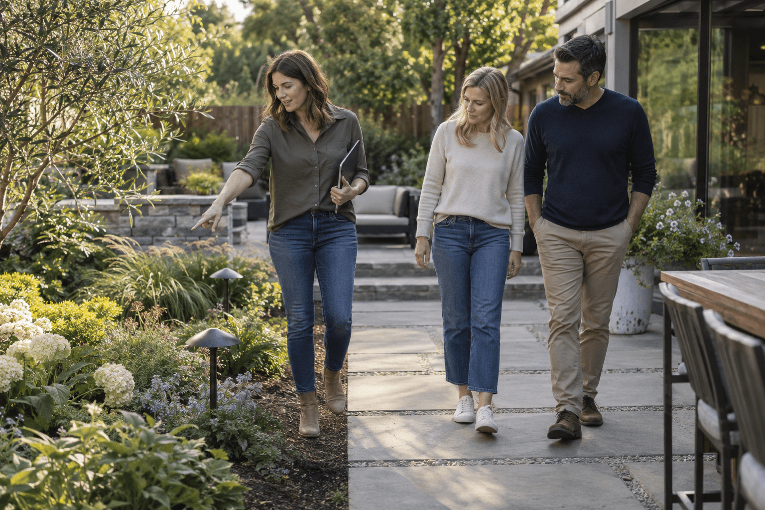 Landscape architect walking homeowners through a finished patio