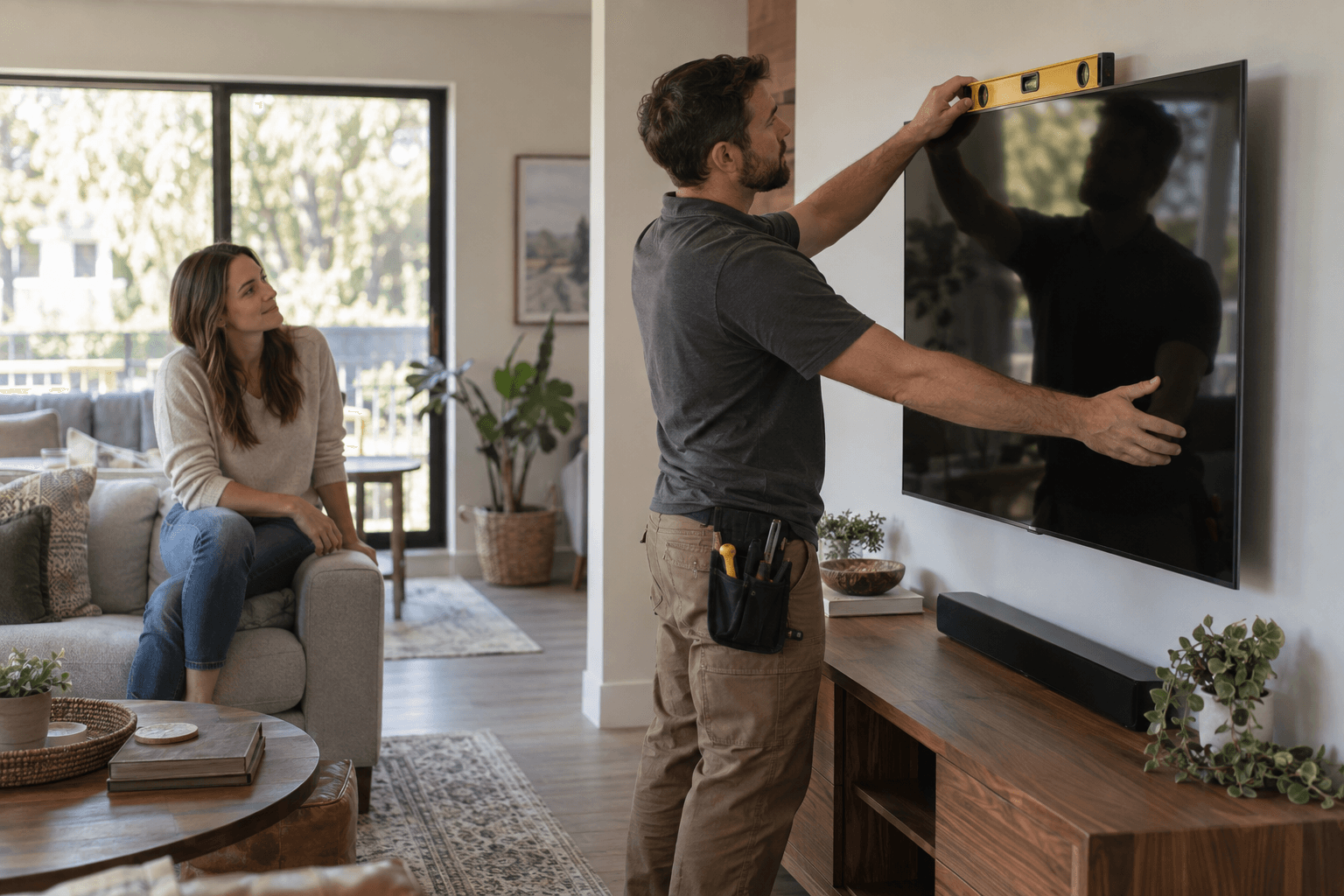 AV installer leveling a wall-mounted TV for a homeowner