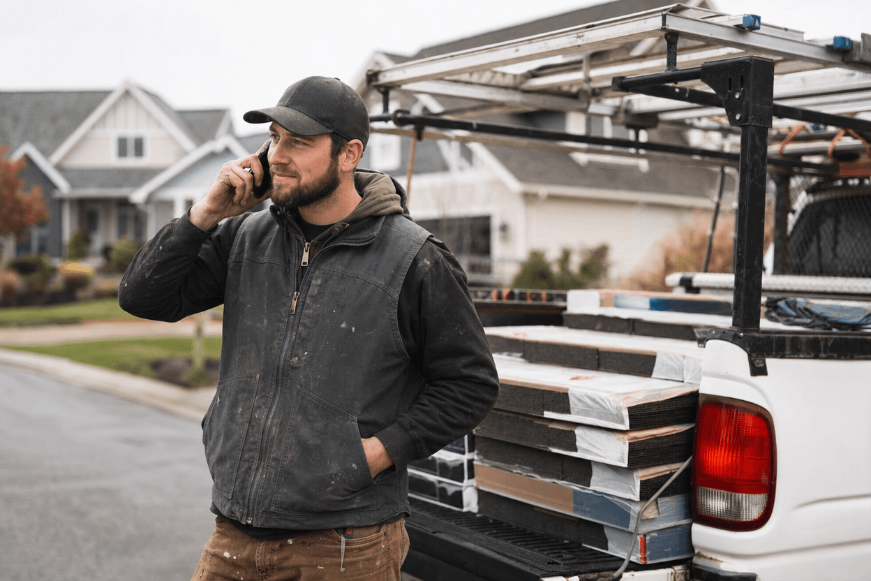 A roofing contractor on a residential street takes a phone call beside his work truck, with a ladder and shingles loaded in the bed.