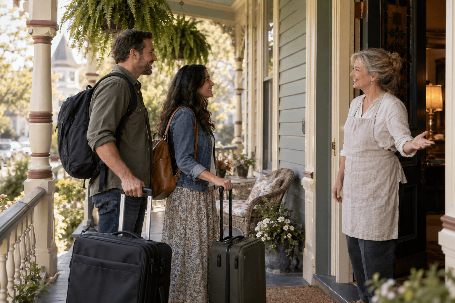 Bed-and-breakfast owner welcoming guests on a Victorian porch
