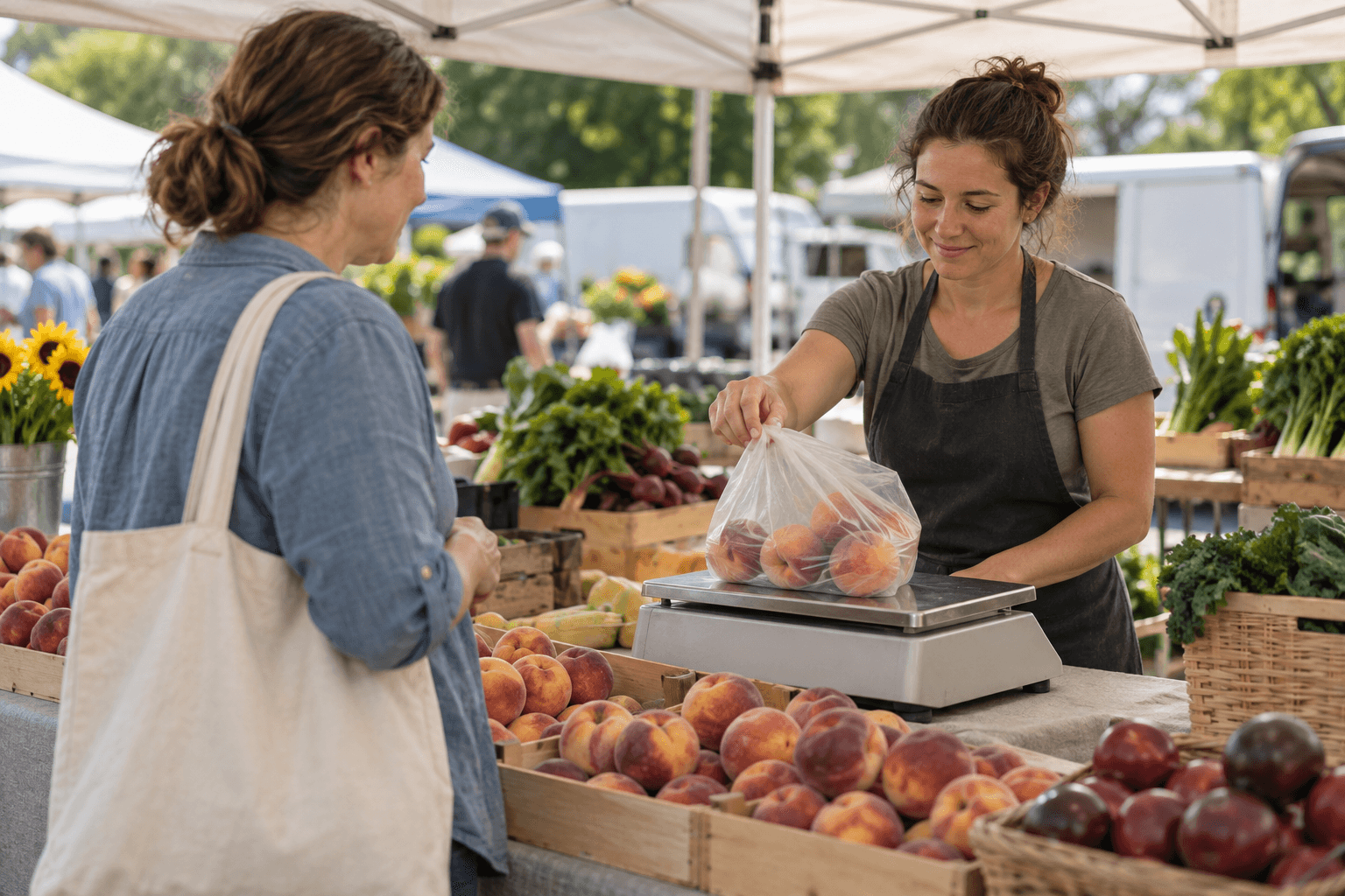 Farmers-market vendor weighing peaches for a customer